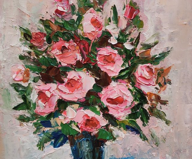 10%OFF】ロシア ピンクのバラの花の花束オリジナルの絵画、花のアート
