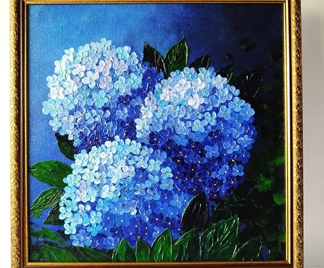 ロシア アジサイの絵 花束原画 青い花 油絵 壁飾り 藍染 Artpainting