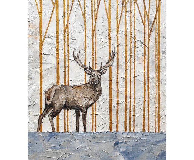 ロシア 森 / 鹿 / 鹿画 / 森の絵 / 黄金の森 / 手作り画 / 吊り絵
