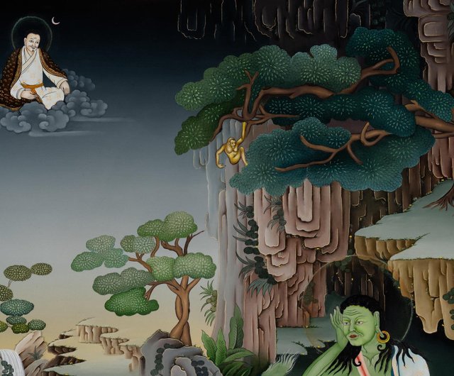 送料無料】ネパール チベット仏教美術 手描きのミラレパ・タンカ