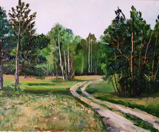 ロシア 白樺の木油絵オリジナルアートポプラの木アートワーク森林風景