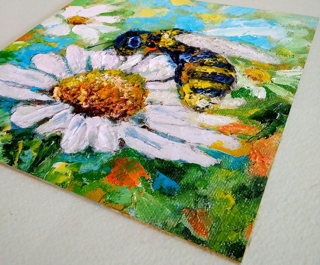 ロシア 蜂のオリジナル絵画、ミツバチのデイジーフローラルアート