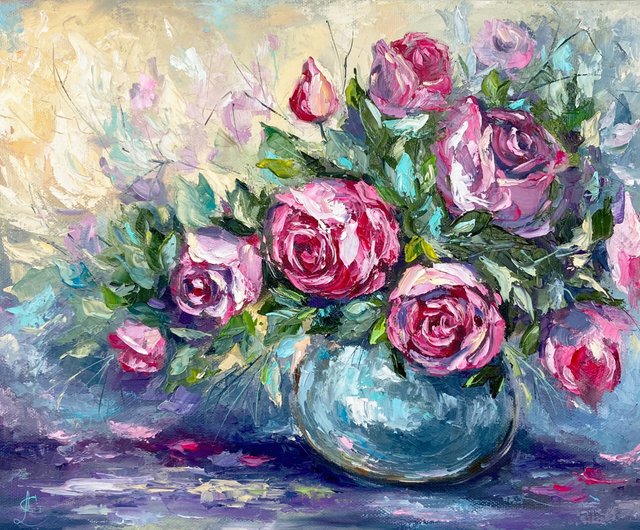 ロシア バラの絵花オイルオリジナルアートワークバラの花束キャンバス