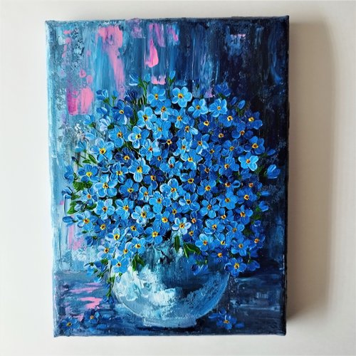 ロシア テクスチャードブーケアート：キャンバスに手作りの青い花の