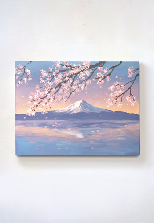 台湾 【体験・アクティビティ】富士山と桜の風景画 掛け絵 アート作品
