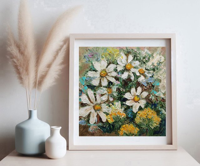 10%OFF】ロシア ヒナギクの花束オリジナル油絵花の壁アート花の厚塗り