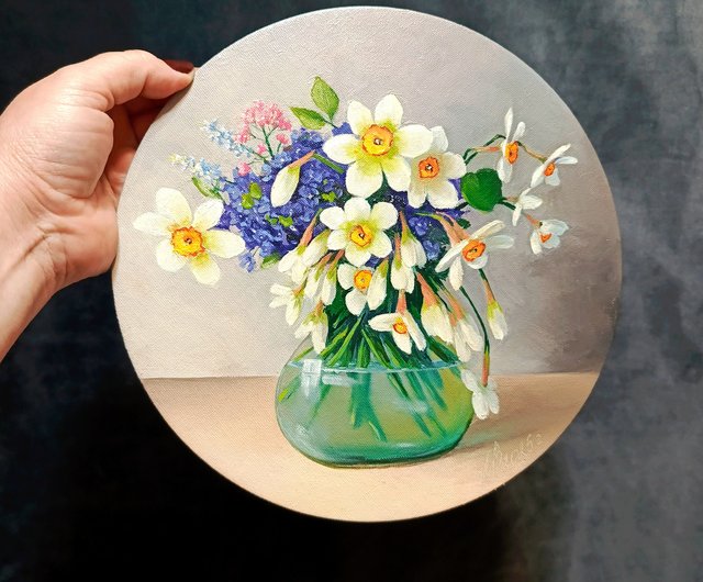 25%OFF】ロシア ナルシッサの絵。24x24 cm。油絵。花の静物画
