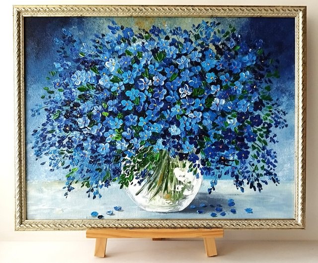 ロシア ワスレナグサの絵: 青い花のユニークな花束。アートワークの壁
