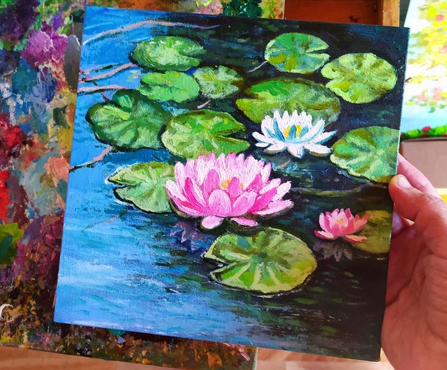 送料無料】ロシア 蓮の絵の花オリジナルアートオイルキャンバス睡蓮