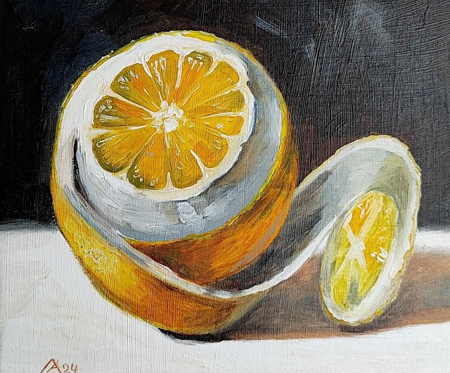 ロシア レモンの絵 オリジナル オイル アート 静物画 20 x 20 cm