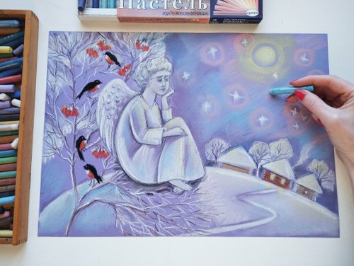 ロシア 天使の冬の絵 新年のパステル画 クリスマスの絵画 鳥 冬の