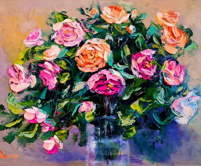 ロシア ピンクと黄色のバラの花の花束花瓶油絵厚塗りオリジナル