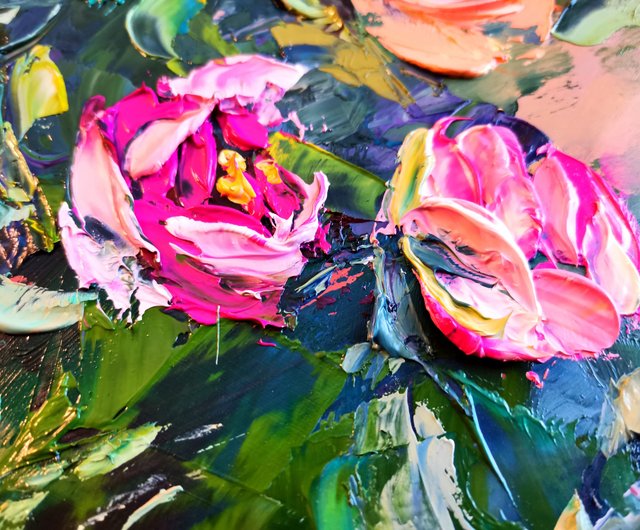 ロシア ピンクと黄色のバラの花の花束花瓶油絵厚塗りオリジナル