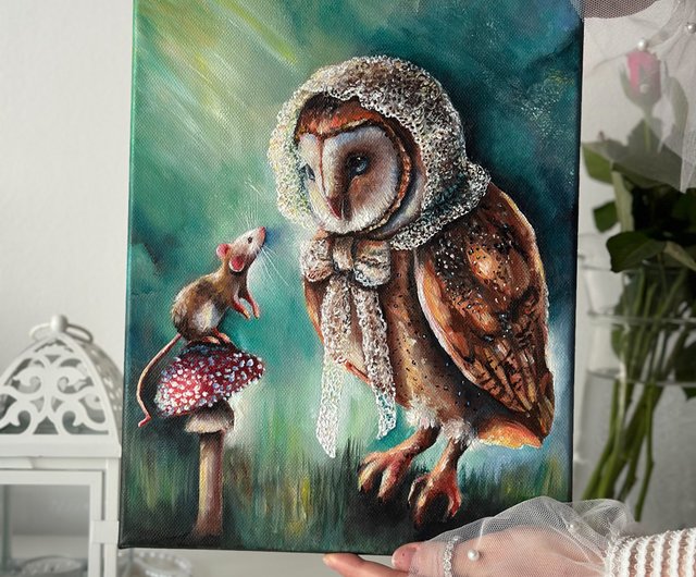 送料無料】スロバキア キャンバスに描かれたフクロウのオリジナル絵画