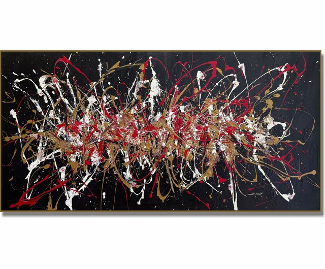 送料無料】スペイン 大きな抽象表現主義のドリップアート、黒地に赤と