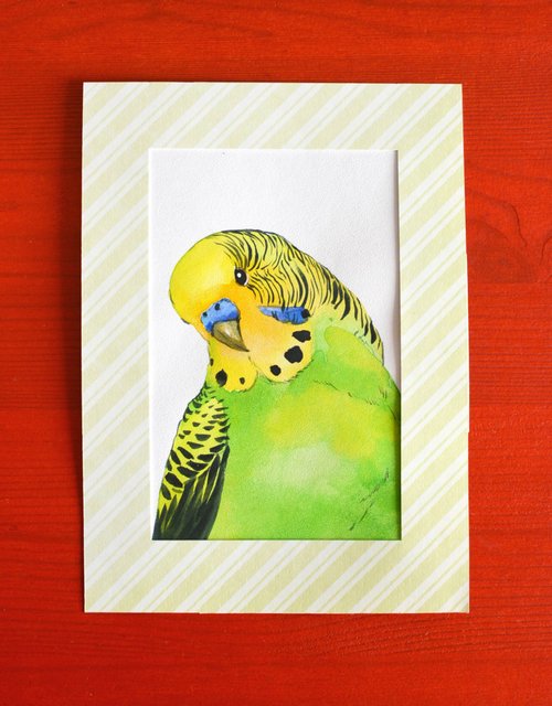 送料無料】ベラルーシ オリジナル水彩画現代絵画ブルーセキセイインコ