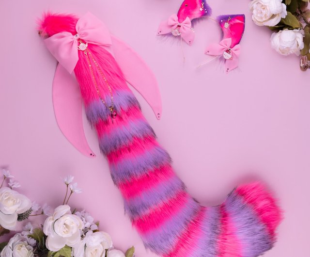 エストニア パープル＆ピンク チシャ猫風 耳＆しっぽセット フェイク