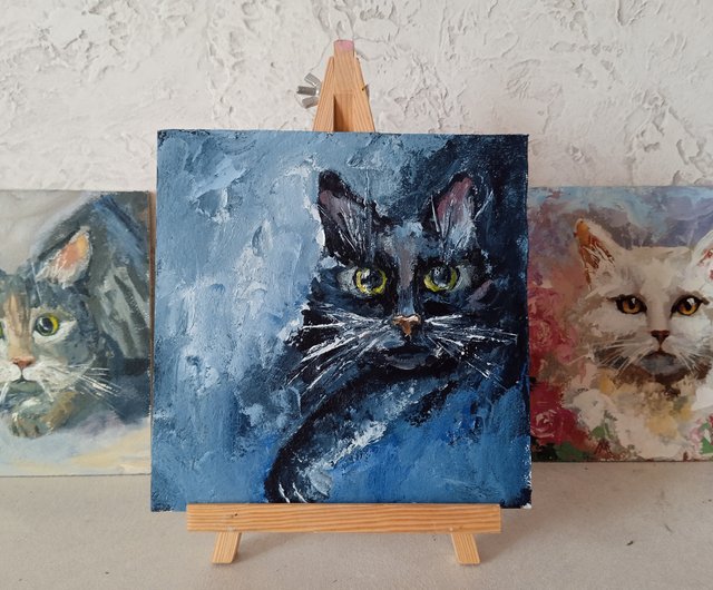 送料無料】ウクライナ 黒猫の絵画 オリジナルアート 油絵 ペットの
