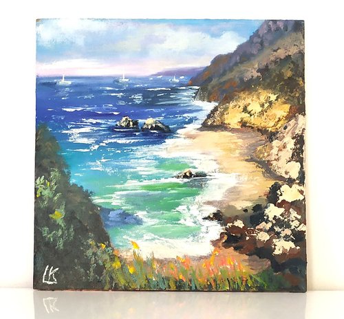 送料無料】ブルガリア パネルに描かれた海の油絵 ビーチの絵 岩の多い