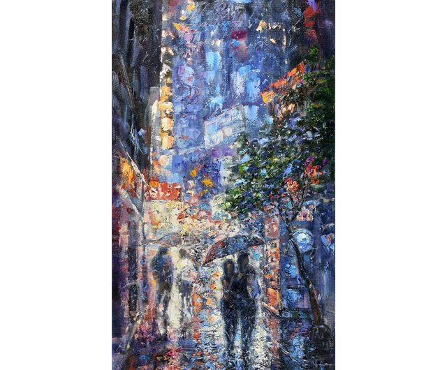 送料無料】ロシア ニューヨーク オリジナル絵画 夜の雨都市景観アート