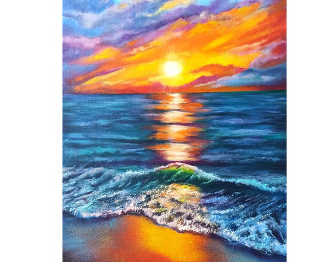 送料無料】ラトビア 夕日の海景油絵 キャンバス 60x40cm 海 オリジナル