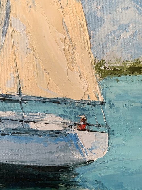 送料無料】ロシア オリジナルの海景ヨットの絵画青い風景油絵