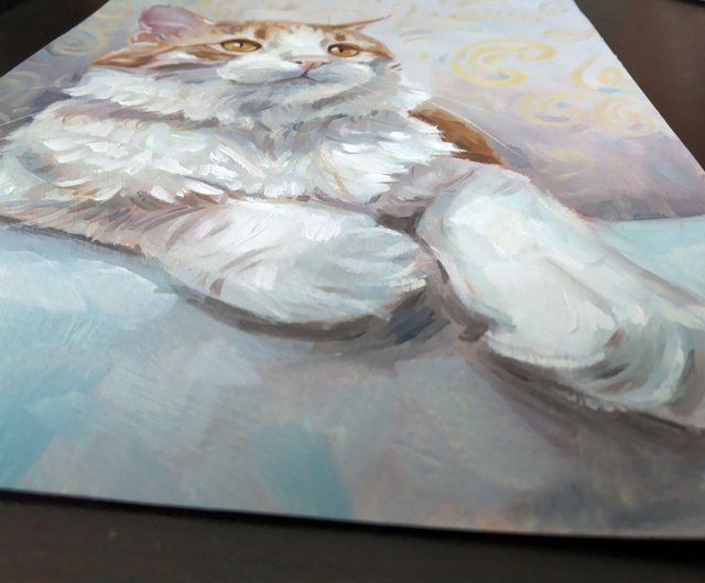 ベラルーシ オリジナル油絵 白と赤のふわふわ猫 印象派 手描き Diven