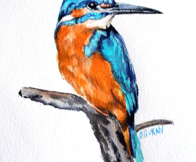 送料無料】ロシア 鳥の水彩画 カワセミ オリジナルアート 青い鳥壁
