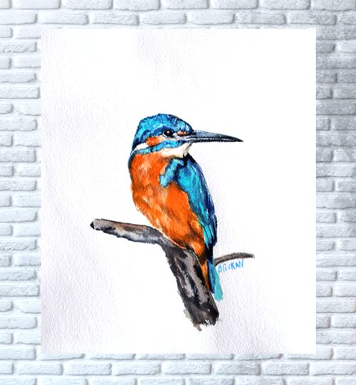 送料無料】ロシア 鳥の水彩画 カワセミ オリジナルアート 青い鳥壁