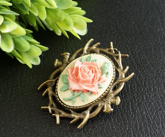 ロシア ピンクローズヴィンテージカメオブローチローズフラワー
