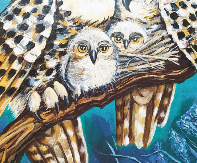 ロシア 鳥の絵 フクロウの家族 キャンバスにアクリルオリジナルアート