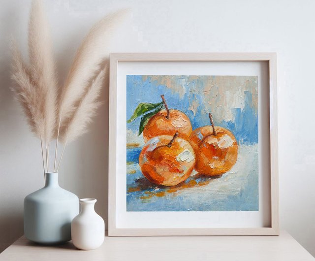 ロシア みかんオリジナル油絵、オレンジフルーツ静物画キッチンアート