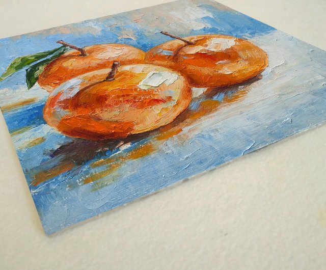 ロシア みかんオリジナル油絵、オレンジフルーツ静物画キッチンアート