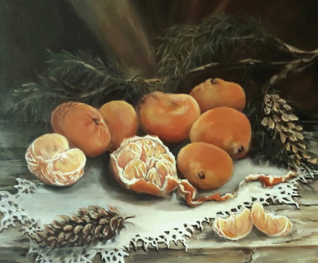 ウクライナ みかんと松ぼっくり静物画オリジナル絵画古い技法アート