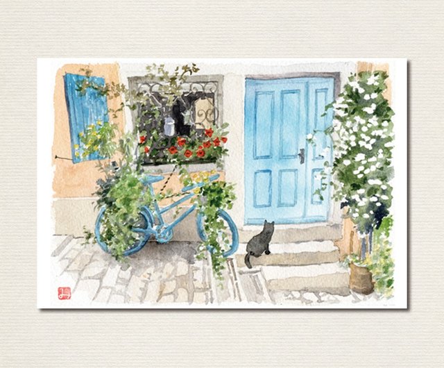 猫のいる風景の水彩画ポストカード&ミニフレーム ~atelier Le moineau