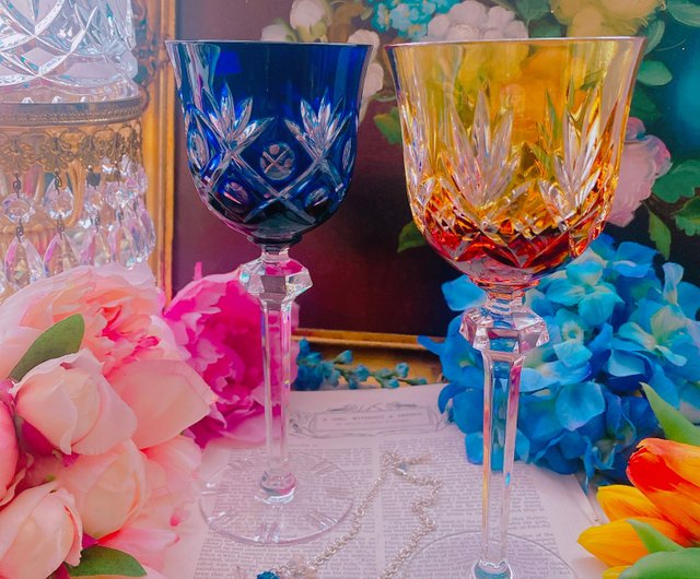 台湾 フランス製手彫りオレンジ色アンティーククリスタルグラス ワイン