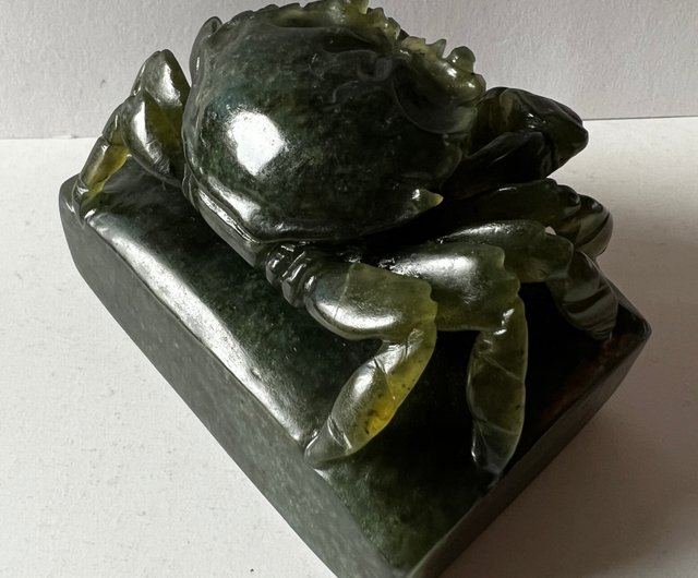 送料無料】台湾 天然丹グリーン凍石彫刻カニ石東石寿山石愛葉グリーン