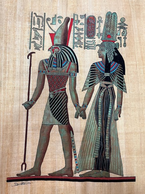 台湾 エジプトのパピルス絵画 - ホルスとネフェルタリ (約 48x37 cm