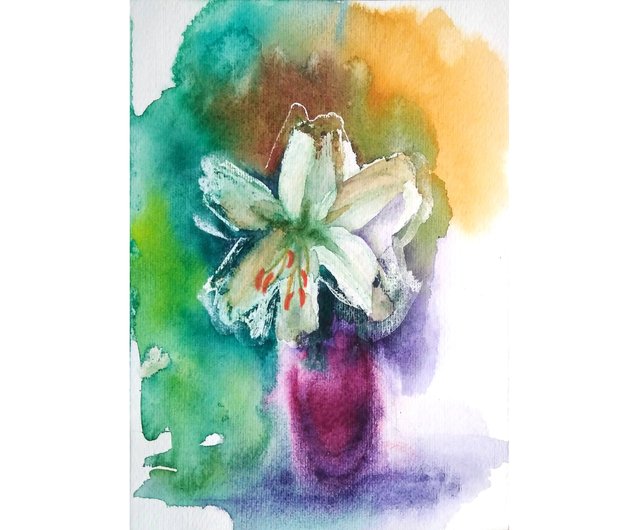 10%OFF】ロシア ユリ オリジナル水彩画 花束 花の静物画 手工水彩画