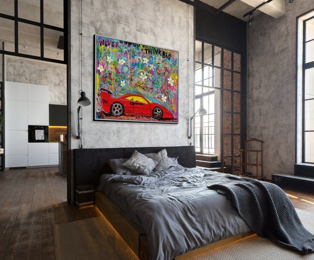 送料無料】スペイン キャンバスに描かれた抽象的でカラフルな車の