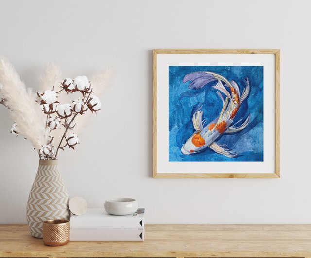 ロシア 鯉の絵画、水彩画、オリジナルの鯉の壁アート、日本の壁の装飾