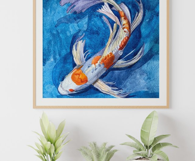 俄羅斯錦鯉魚畫，水彩藝術，原創錦鯉牆藝術，日本牆壁裝飾ArtLizzi