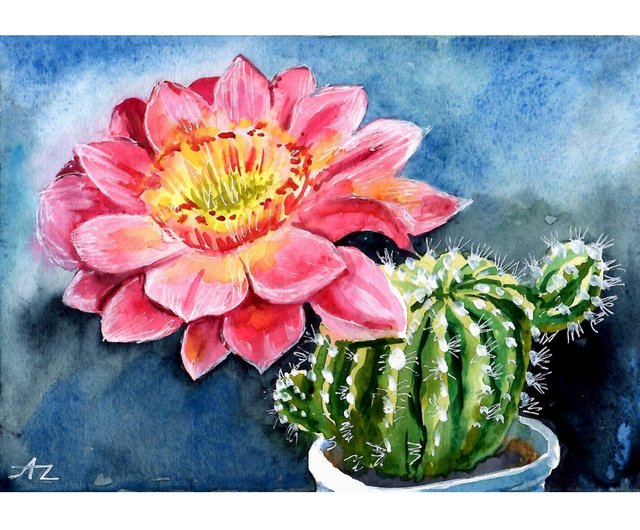 送料無料】ロシア サボテンの絵 花 オリジナルアート 草花 水彩画
