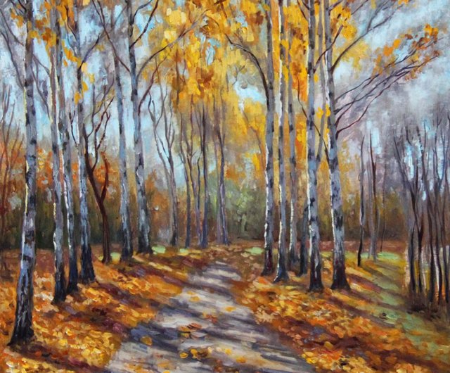 ロシア 白樺の木の風景画オリジナルアート秋の風景アートワーク秋の