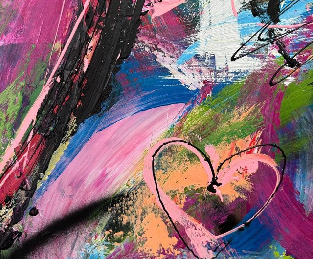 送料無料】スペイン オリジナル絵画 カラフルな抽象的なハートアート