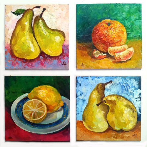 送料無料】ロシア 洋ナシの絵、フルーツ、絵画 4 枚セット、レモン