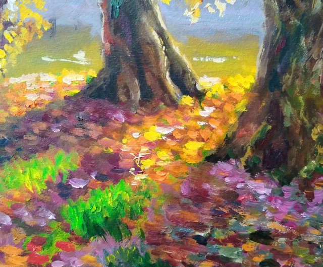 ロシア 秋のオークの木の絵画オリジナルアート秋の森湖国立公園の風景