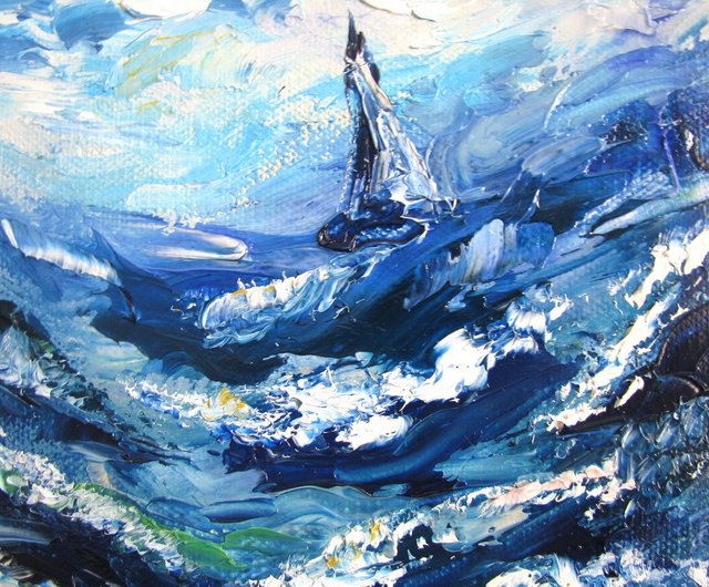 ラトビア 油絵厚塗り S サイズ 嵐の海と帆船の家の装飾 DCS-Art - Pinkoi