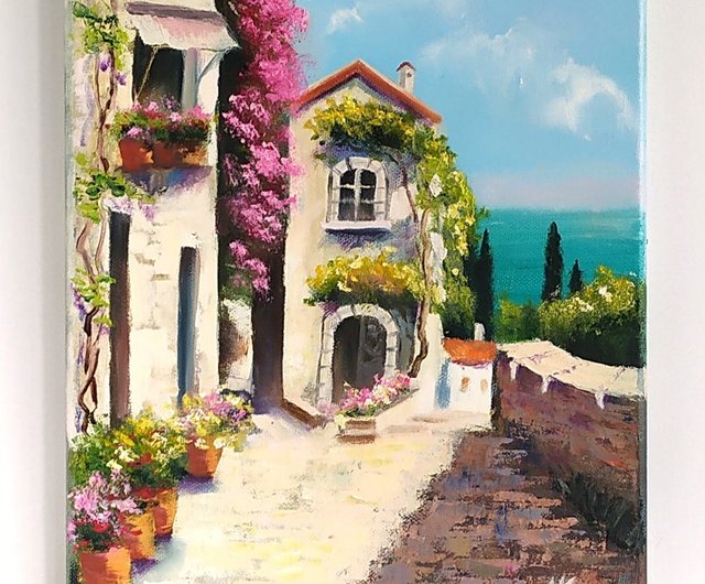 送料無料】ブルガリア 地中海の風景画 イタリア キャンバスに油絵