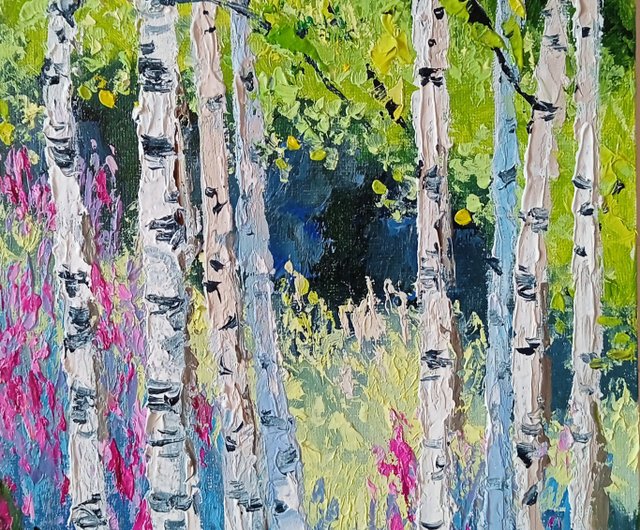 送料無料】ウクライナ 白樺林絵画オリジナルアート風景油絵 7.8*11.8